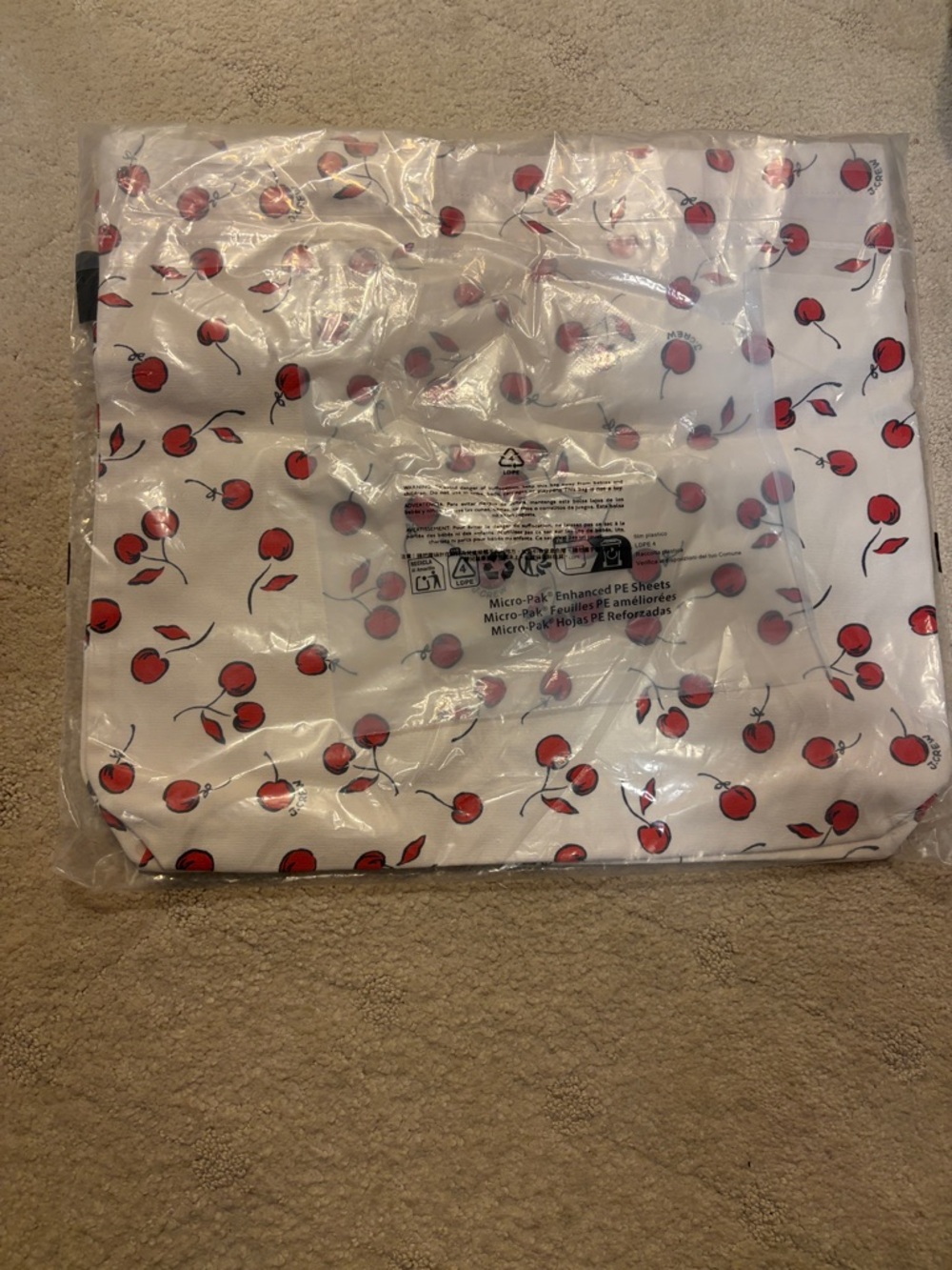 NWT J. Crew Cherry Print Tote Bag - Cream/Red Printed reusable everyday tote - Picture 4 of 4